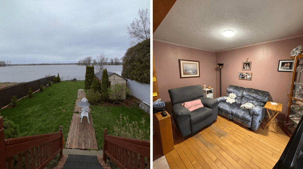 Cour d'une maison de plain-pied \u00e0 vendre. Droite : Salon d'une maison de plain-pied \u00e0 vendre.