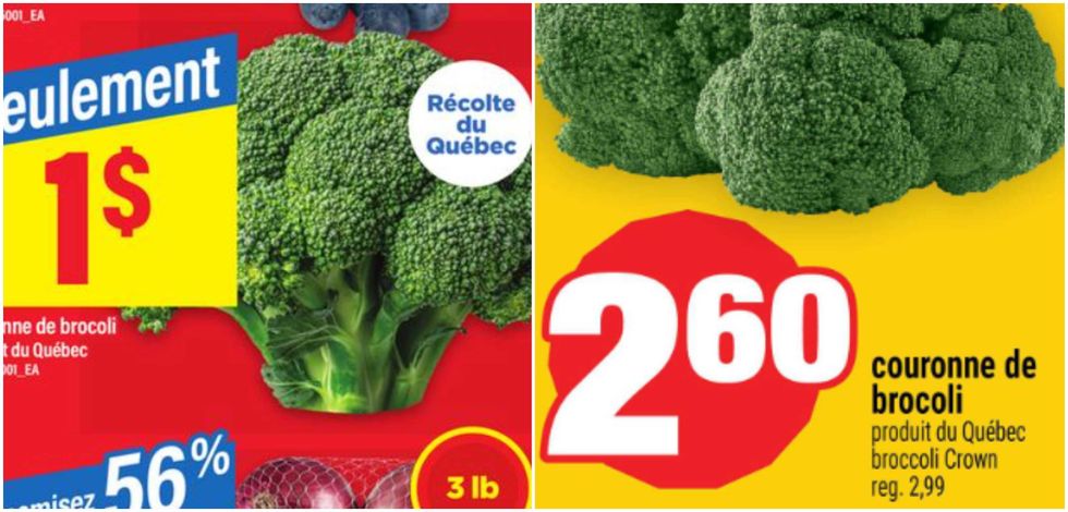 Couronne de brocoli en rabais au Maxi. Droite : Couronne de brocoli en rabais au Super C.