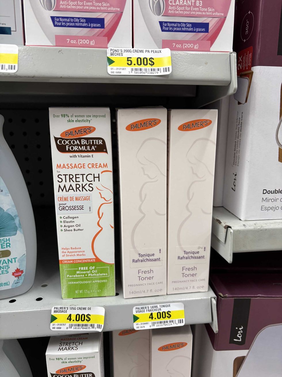 Cr\u00e8me de massage Palmer's sur les tablettes du Dollarama.