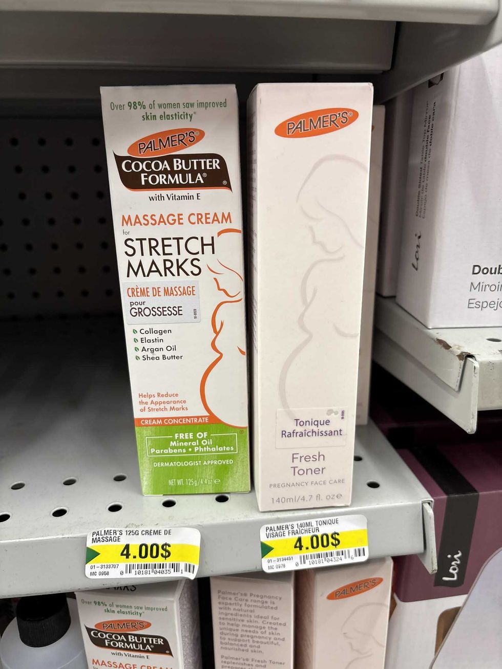 Cr\u00e8me de massage Palmer's sur les tablettes du Dollarama.