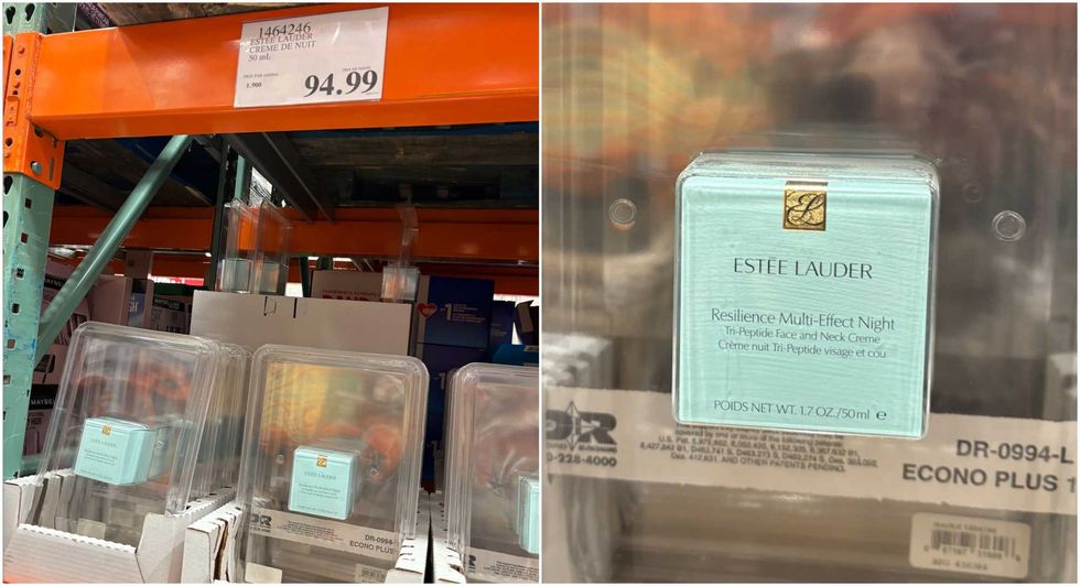 Cr\u00e8me Est\u00e9e Lauder au Costco. Droite : Cr\u00e8me Est\u00e9e Lauder dans un emballage.