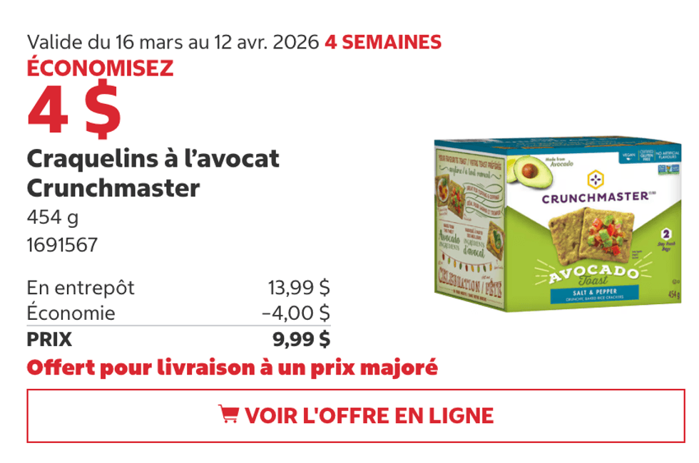 Craquelins \u00e0 l\u2019avocat Crunchmaster en rabais au Costco.