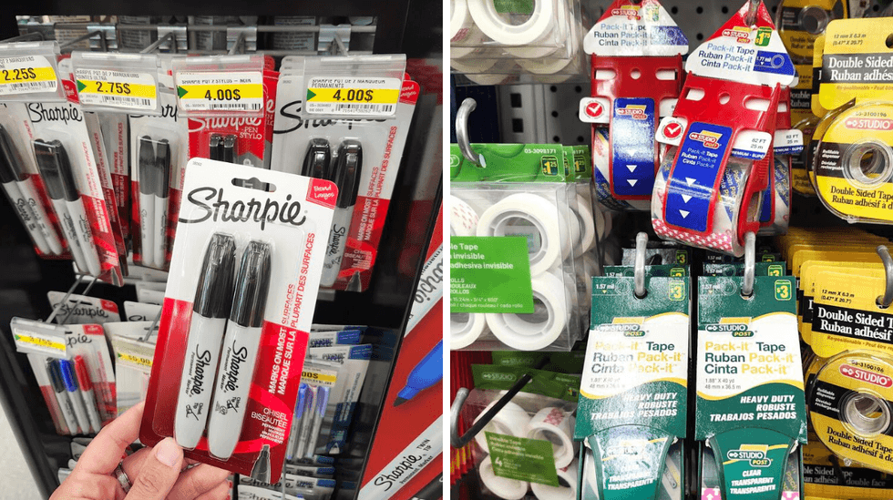 Crayon permanent dans un magasin. Droite : ruban adh\u00e9sif.
