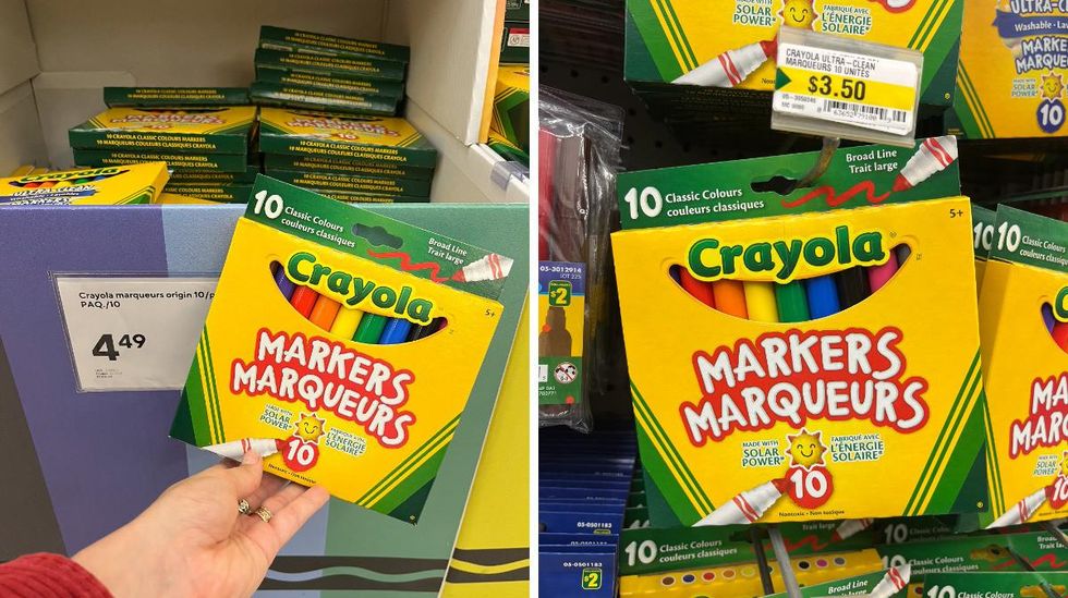Crayons feutre au Bureau en Gros. Droite : Crayons feutre au Dollarama.