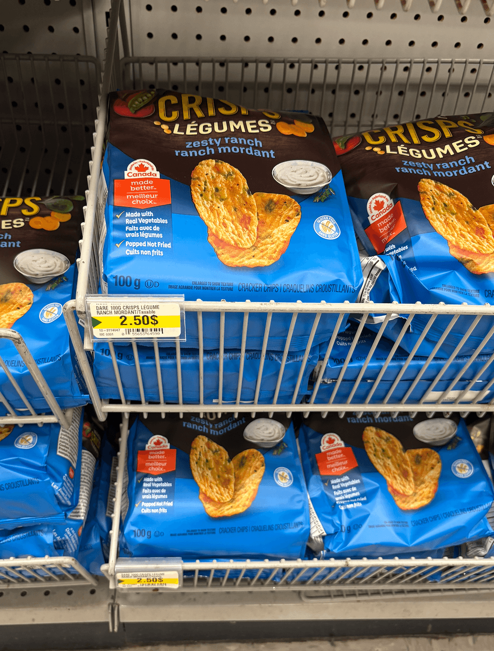 Crisps l\u00e9gumes sur les tablettes du Dollarama.