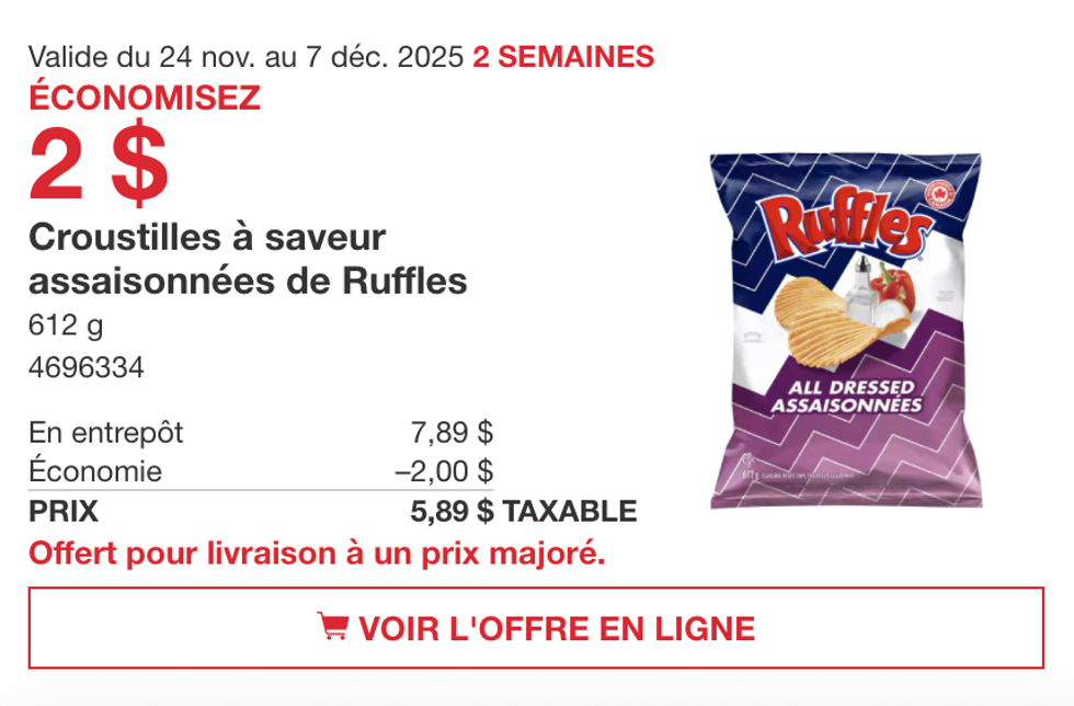 Croustilles \u00e0 saveur assaisonn\u00e9e Ruffles sur le site de Costco.