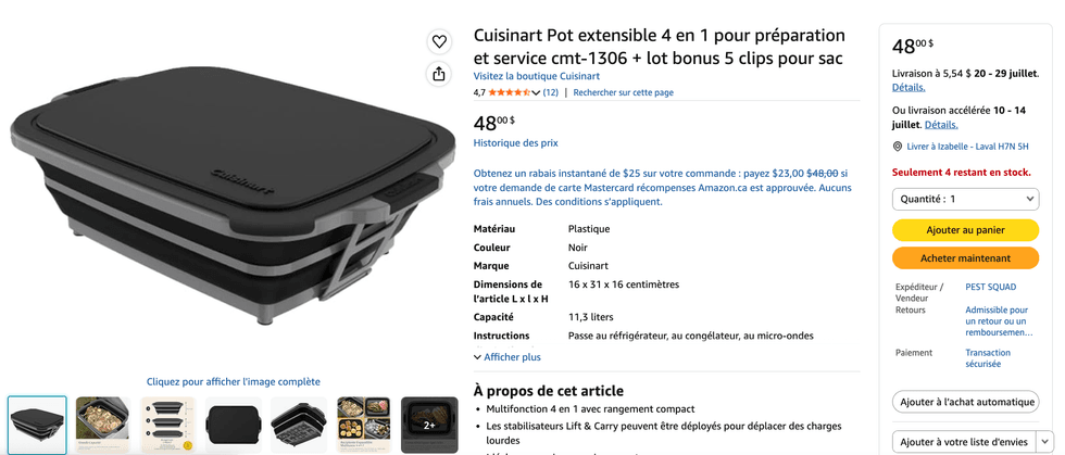 Cuisinart Pot extensible 4 en 1 pour pr\u00e9paration et service, vendu sur Amazon.