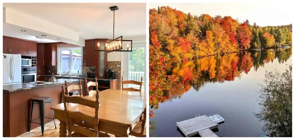 Cuisine d'un chalet au bord du lac \u00e0 Saint-Calixte. Droite : Quai d'un chalet au bord du lac \u00e0 Saint-Calixte.