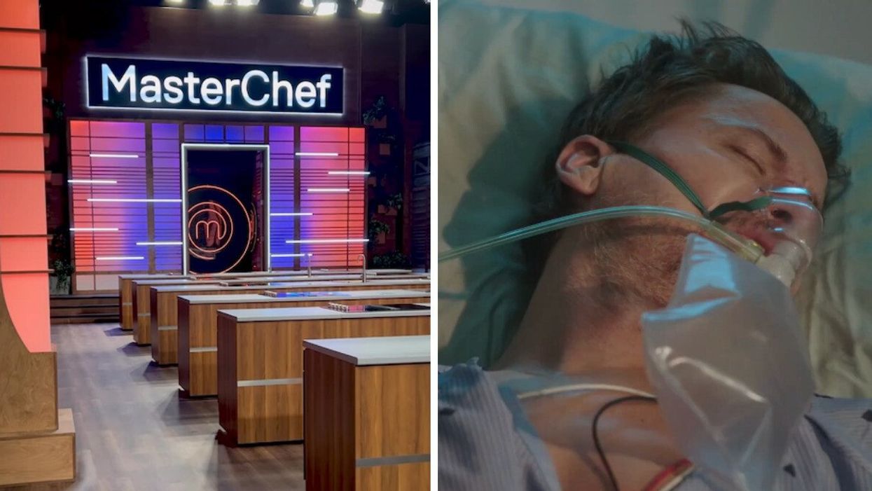 Cuisine de MasterChef Québec. Droite : Homme dans une situation critique à l'hôpital.