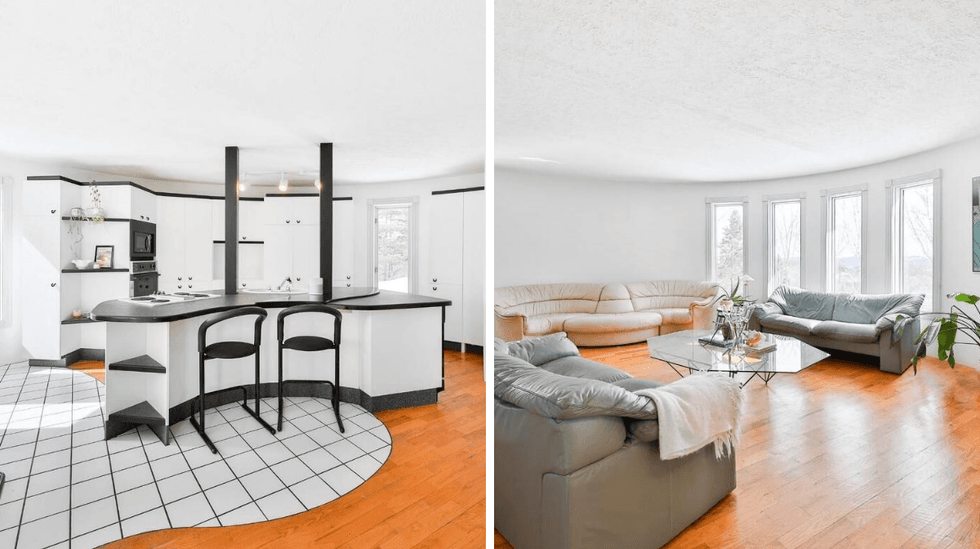 Cuisine. Droite : Salon.