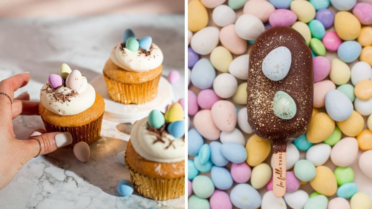 Cupcakes desserts de Pâques à La Folle Tablée. Droite : Gâteau chocolaté de Pâques à La Folle Tablée.