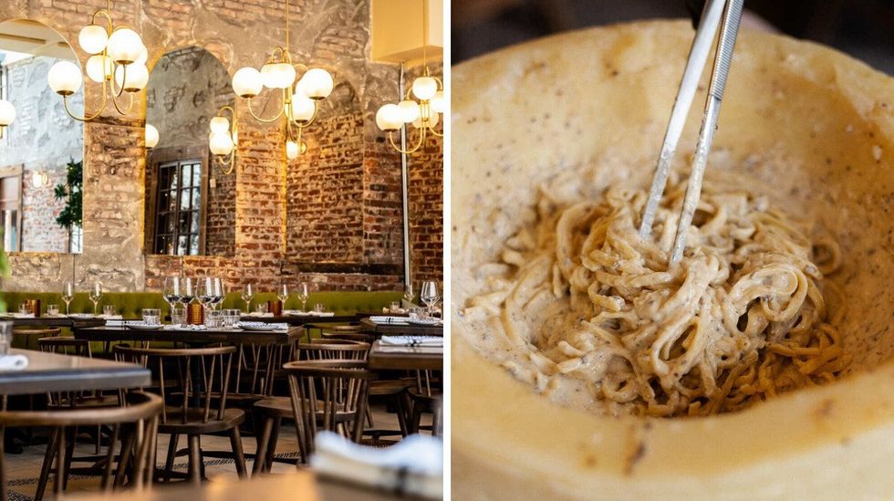 D\u00e9cor du restaurant JACOPO. Droite : Des p\u00e2tes pr\u00e9par\u00e9es directement dans une meule de fromage pecorino.