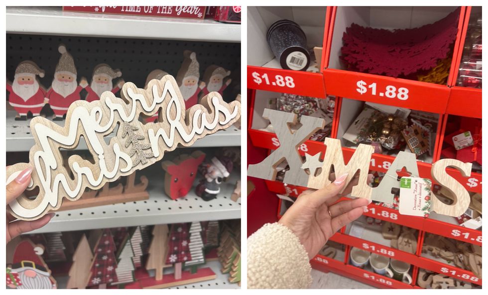 D\u00e9corations en bois \u00ab Merry Christmas \u00bb au Dollarama. Droite : D\u00e9corations en bois \u00ab Xmas \u00bb au Walmart.