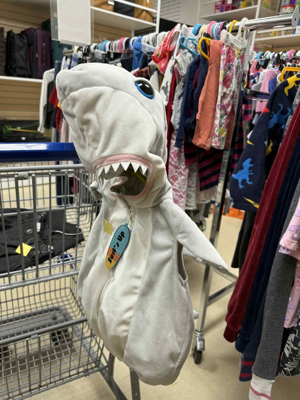 D\u00e9guisement de requin dans la section liquidation pour enfants de la friperie Au Grenier Populaire.