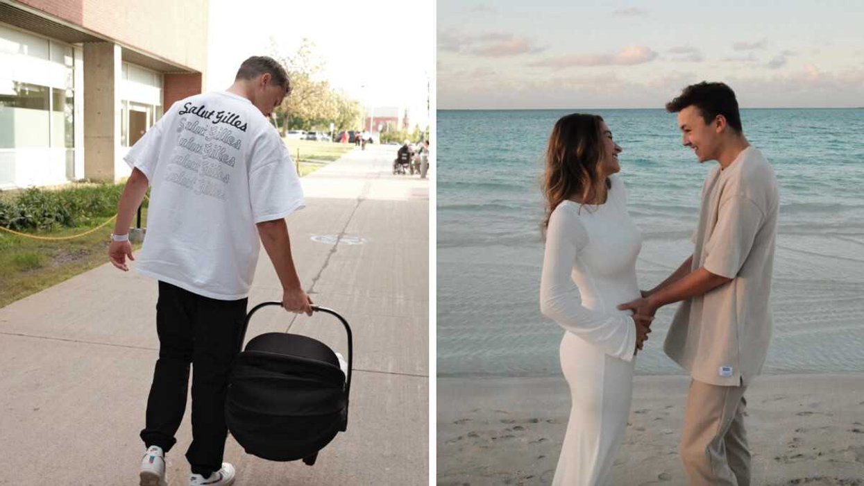 Danick Martineau et son bébé, la petite Rose. Droite : Danick Martineau et Salomé Bengoufa Maltais enceinte sur une plage.