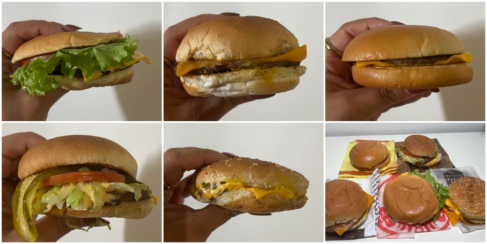 De gauche \u00e0 droite, en haut : Cheeseburgers de Wendy's, A&W et McDonald's. En bas : Harvey's, Burger King.