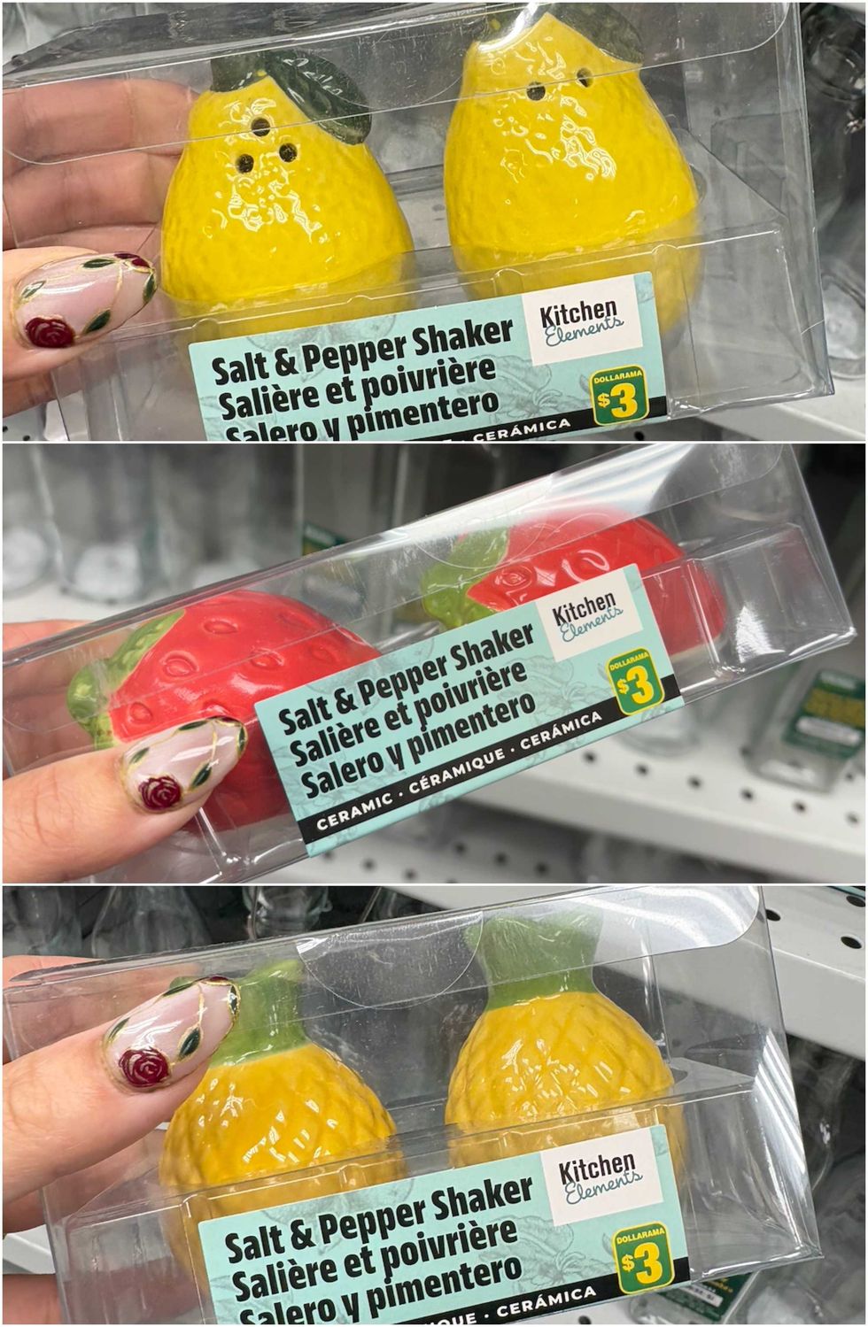 De haut en bas : Les ensembles de sali\u00e8re et poivri\u00e8re en forme de citrons, de fraises et d'ananas.