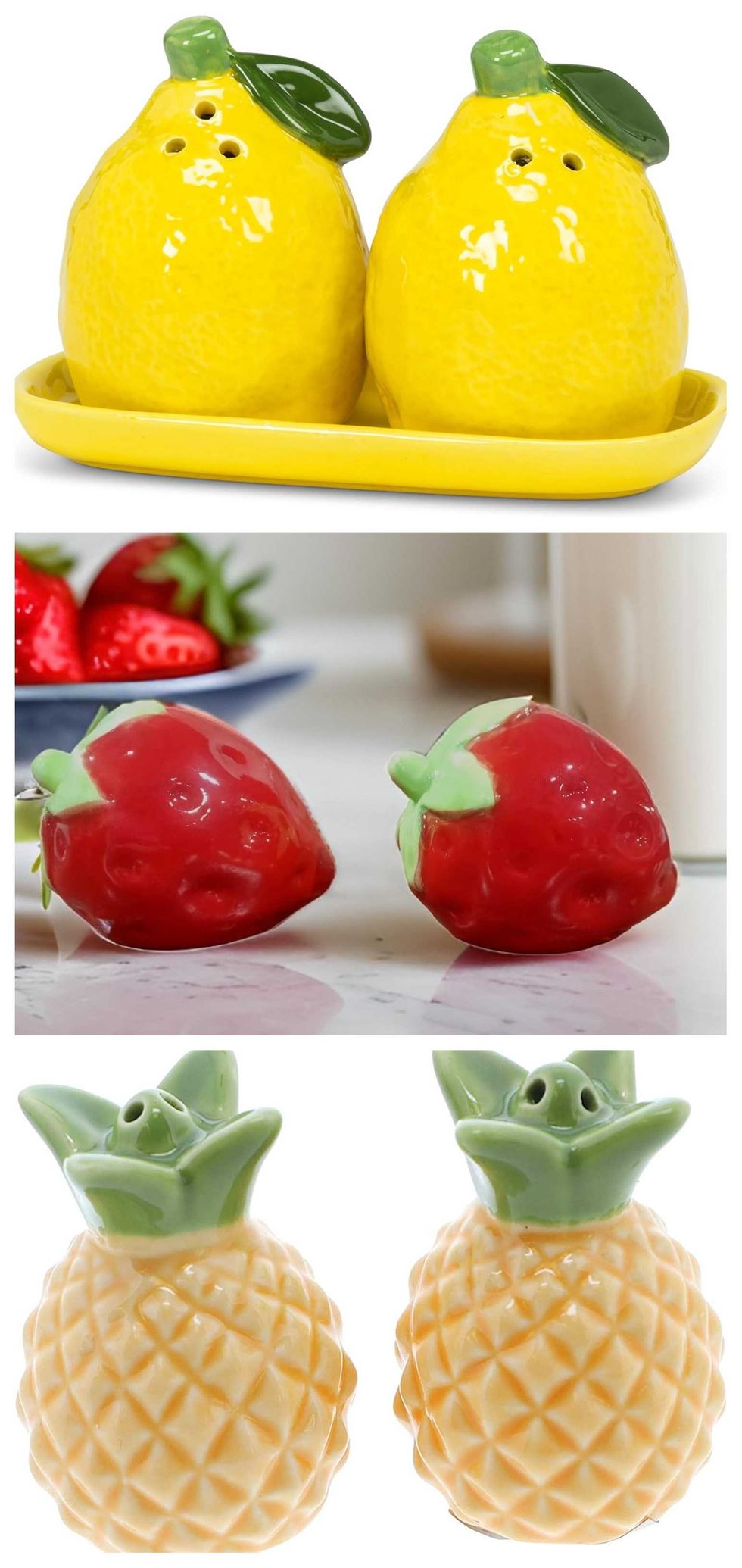 De haut en bas : Les ensembles de sali\u00e8re et poivri\u00e8re en forme de citrons, de fraises et d'ananas.