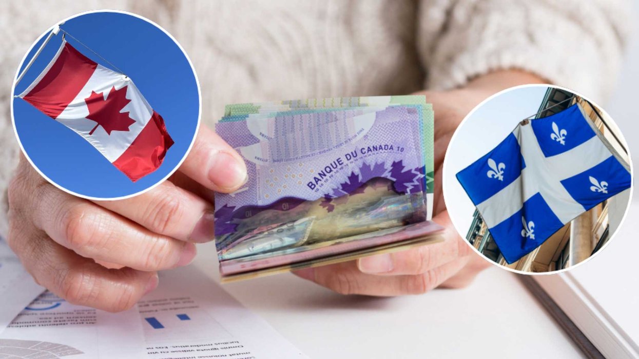 De l'argent canadien dans les mains d'une personne. En mortaises : des drapeau du Québec et du Canada.
