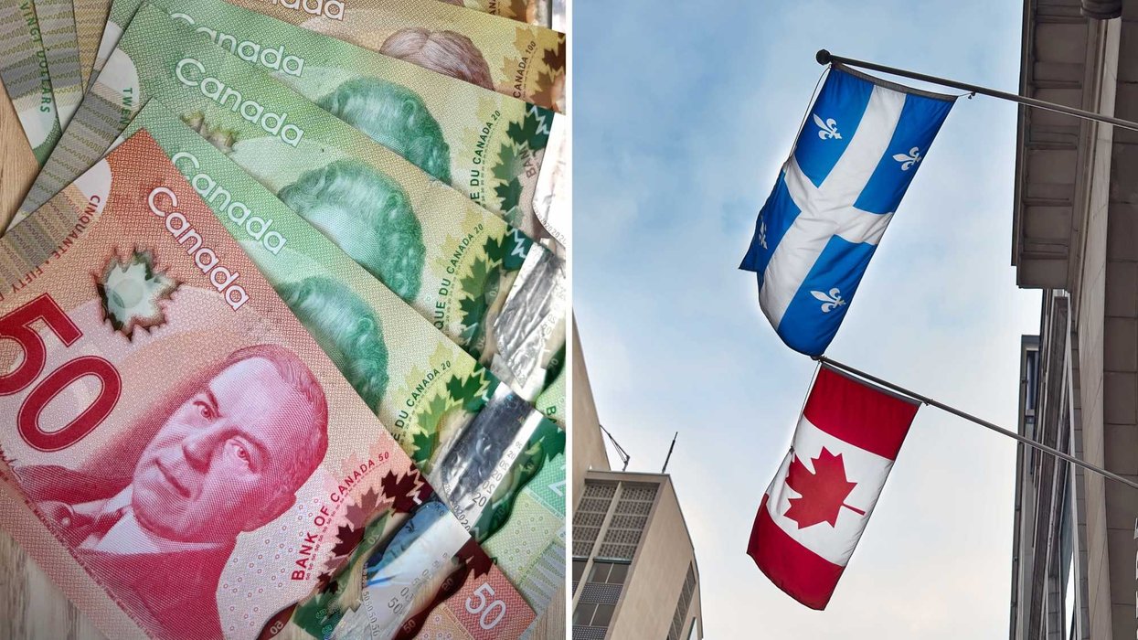 De l'argent canadien. Droit : des drapeaux canadien et québécois.