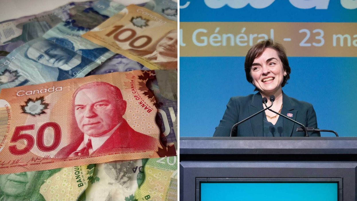 De l'argent canadien. Droite : La première ministre du Québec, Christine Fréchette.