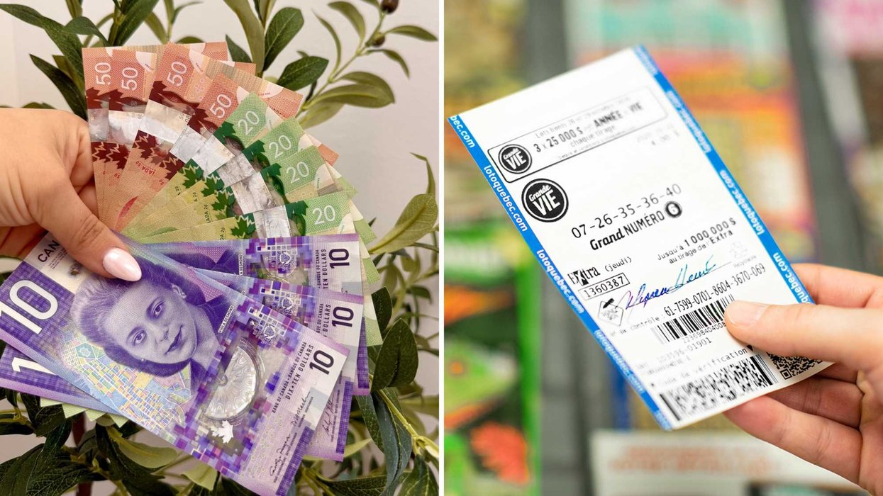 De l'argent canadien. Droite : un billet de Loto-Québec.