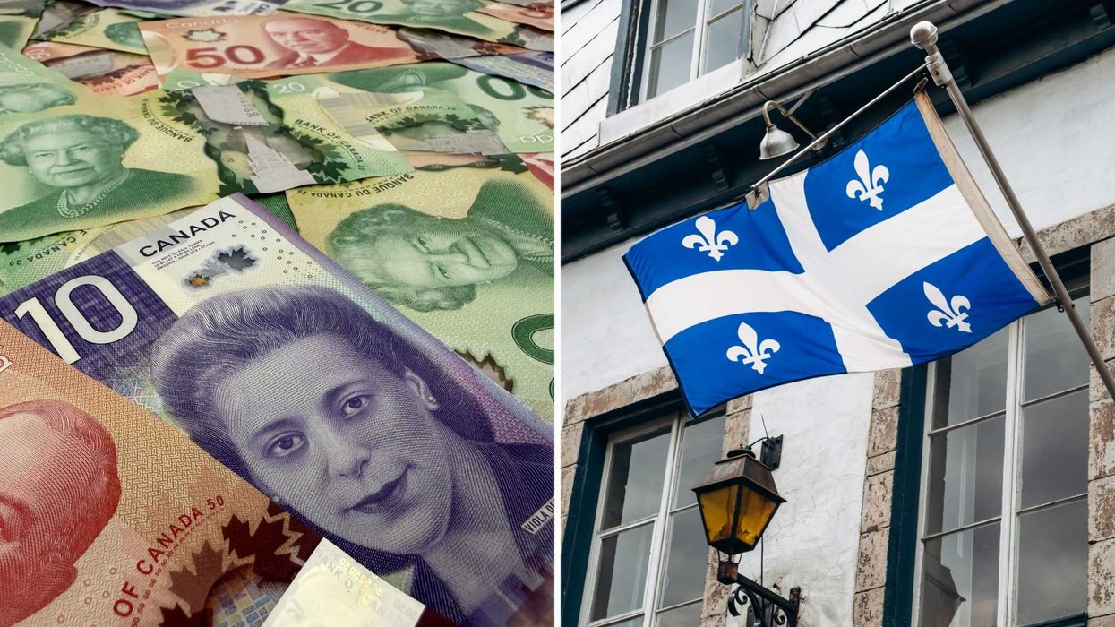 De l'argent canadien. Droite : un drapeau du Québec