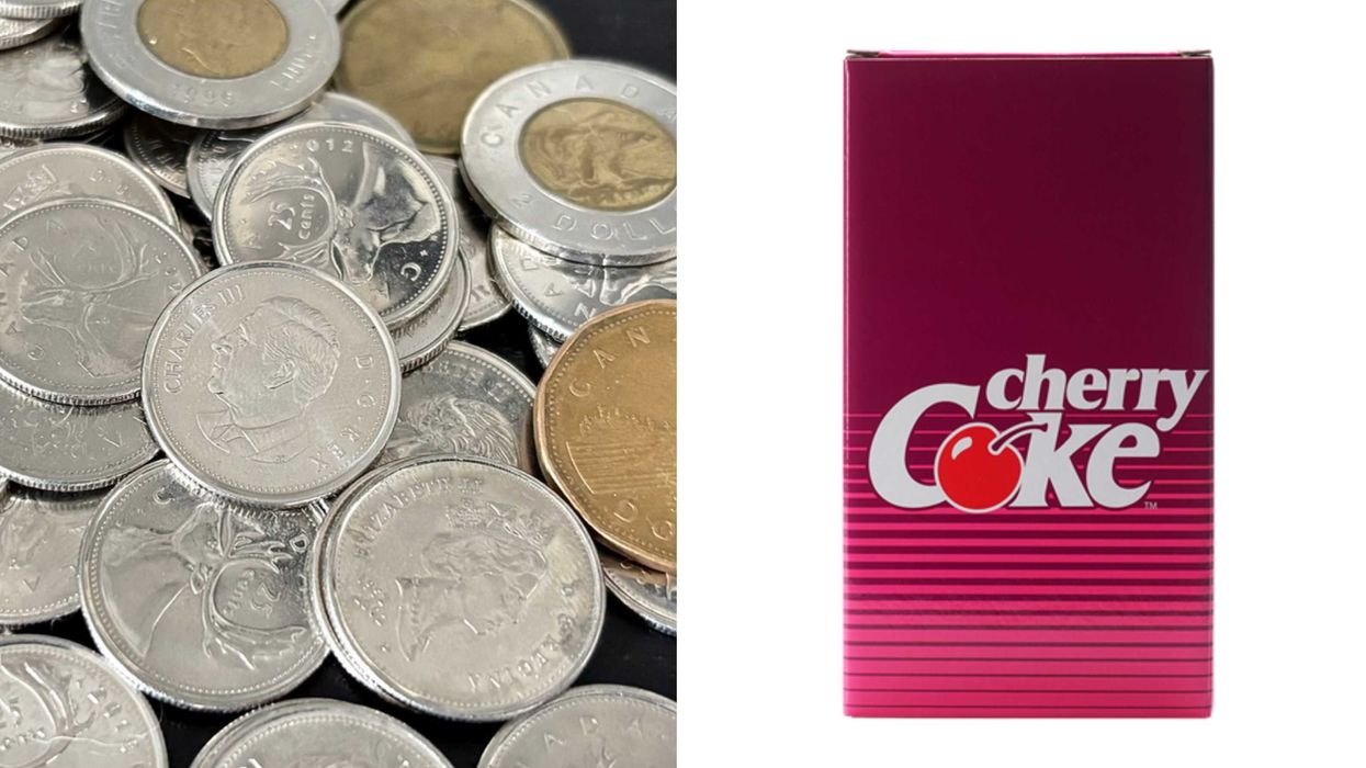 De l'argent canadien. Une boite de Coke à la cerise.