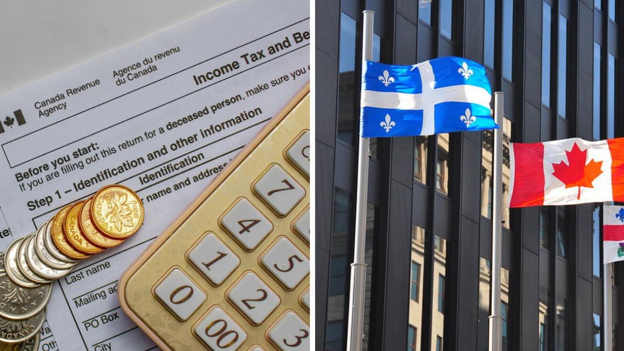 De l'argent canadien, une calculatrice et un document fiscal canadien. Droite : un drapeau du Canada et du Québec.