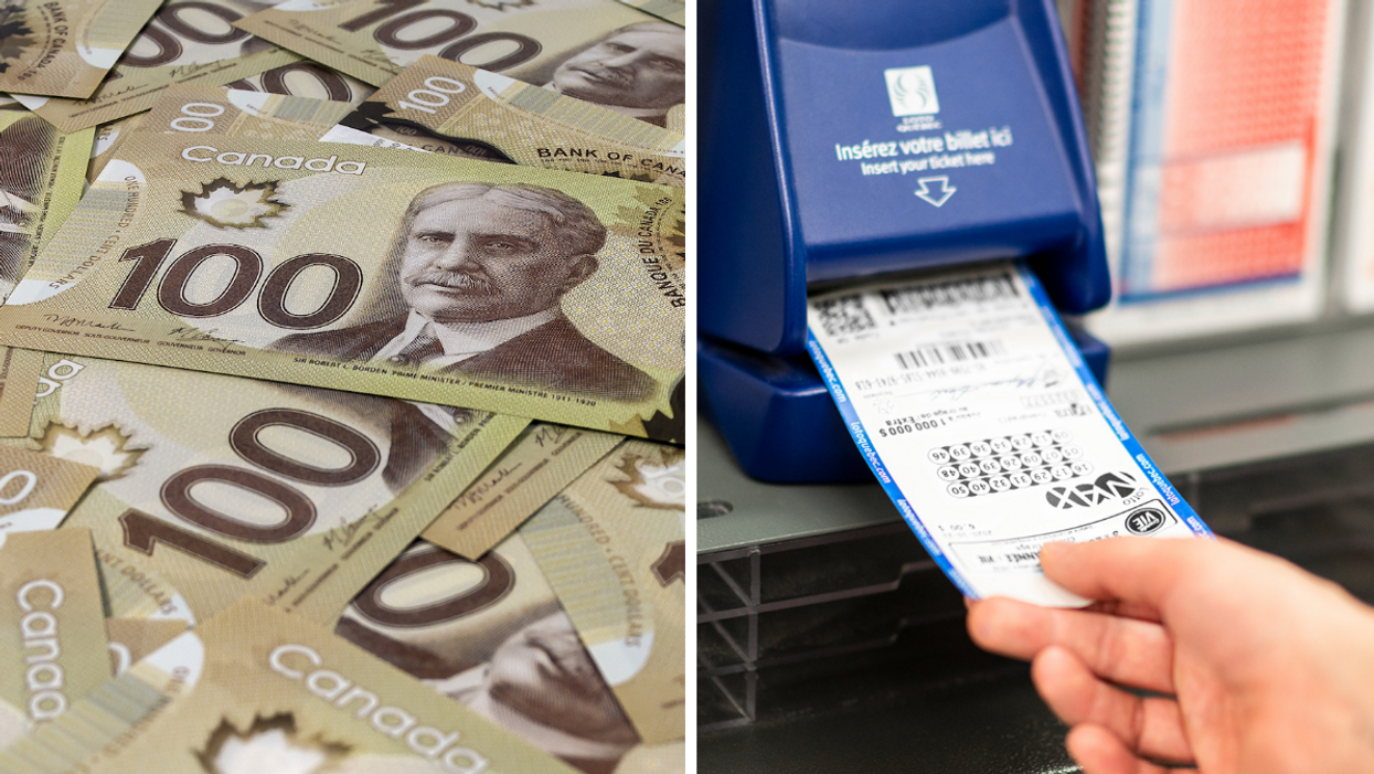 De l'argent. Droite : Un ticket du Lotto Max.