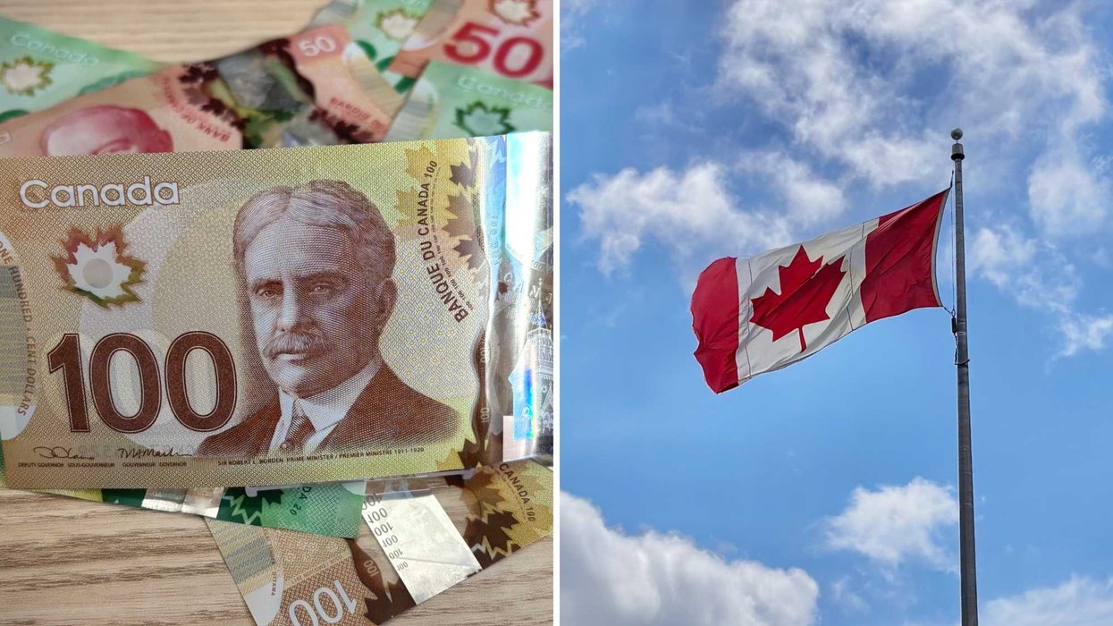 De l’argent canadien. Droite : un drapeau canadien.