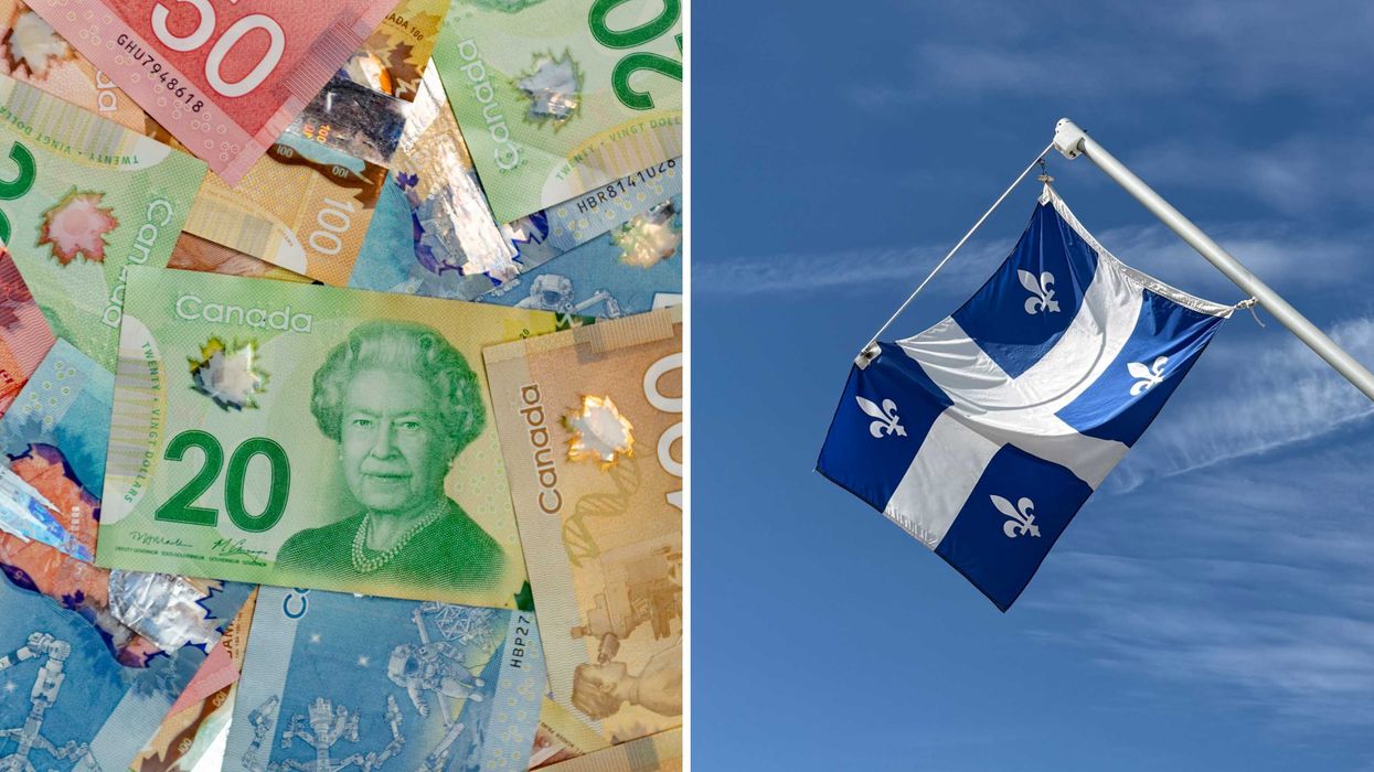 De l’argent canadien. Droite : un drapeau du Québec.