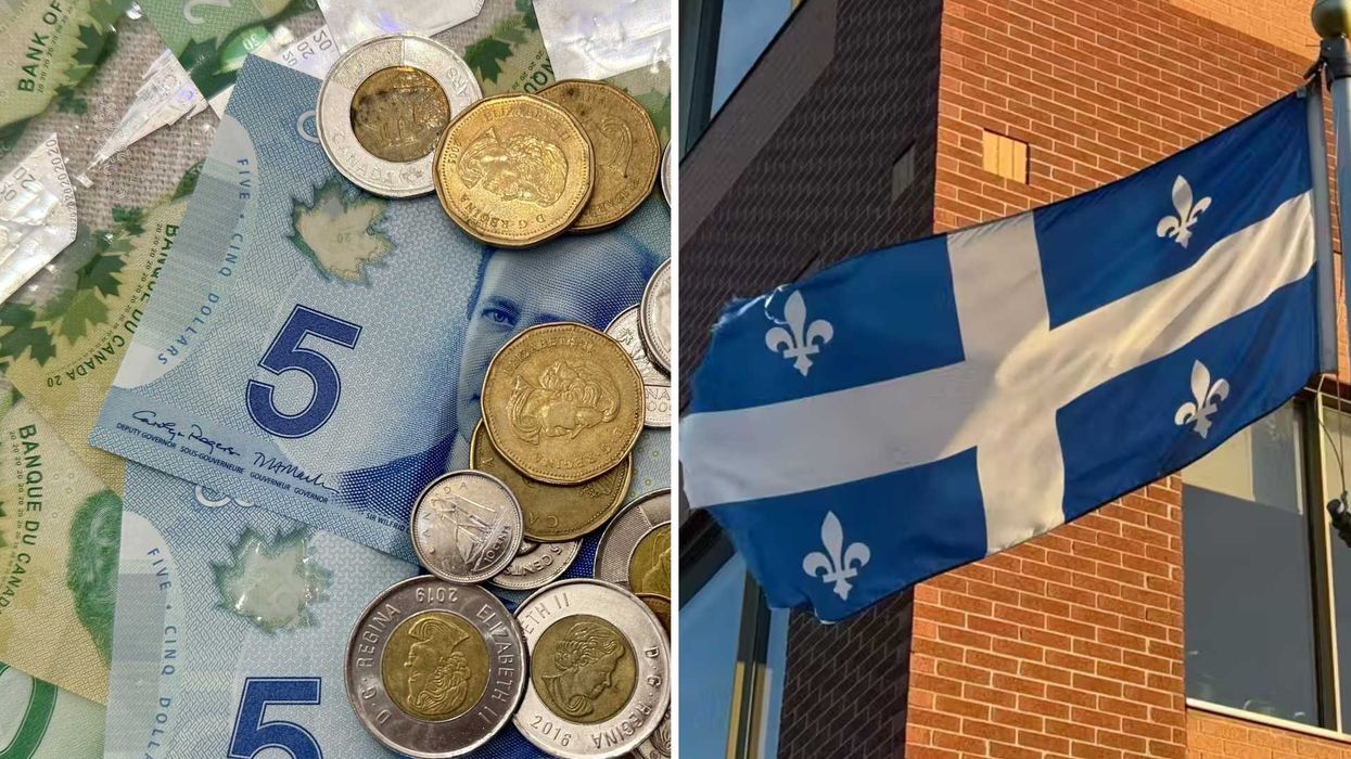 De l’argent canadien. Droite : un drapeau québécois.
