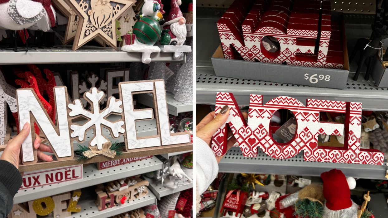 Décoration « Noël » en bois avec accent blanc marbré. Droite : Décoration « Noël » rouge et blanche.