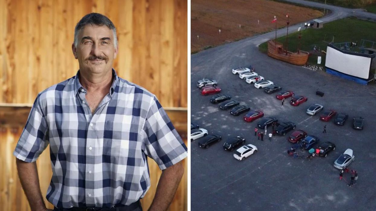 Denis Drouin de L'amour est dans le pré 10. Droite : Ciné-parc à la Ferme Drouin.