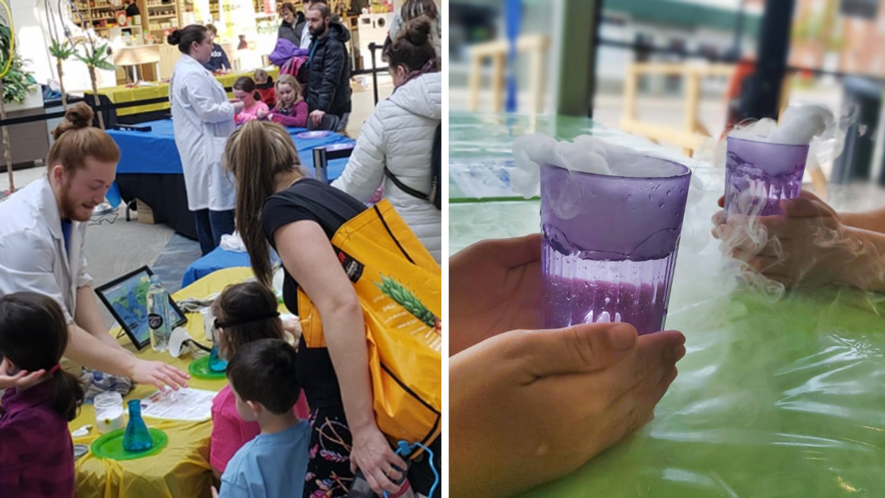 Des animateurs de Sciences en folie. Droite : Une réaction chimique.