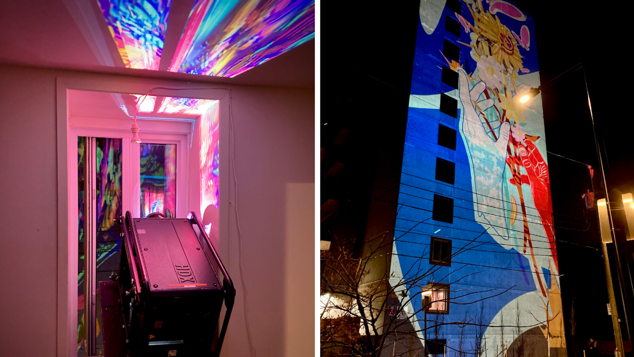 Des artistes à Montréal projettent des murales sur un mur de 13 étages