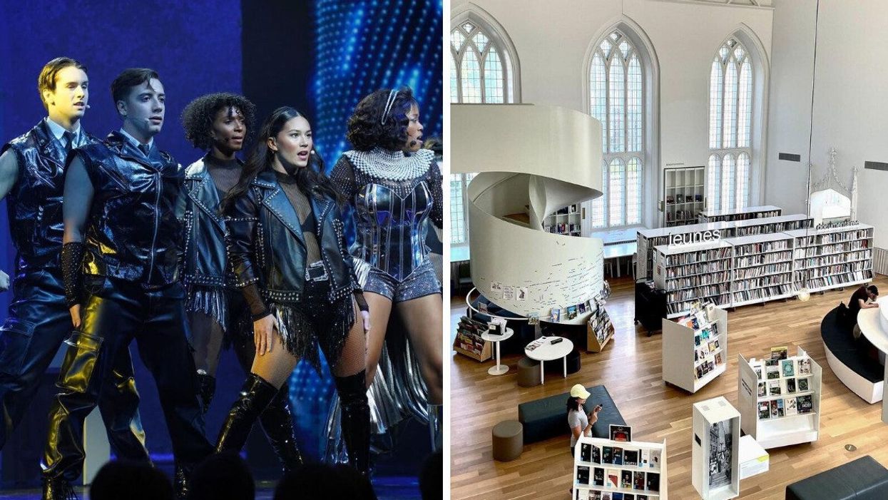 Des artistes sur scène. À droite : à l'intérieur de la Maison de la littérature de Québec.