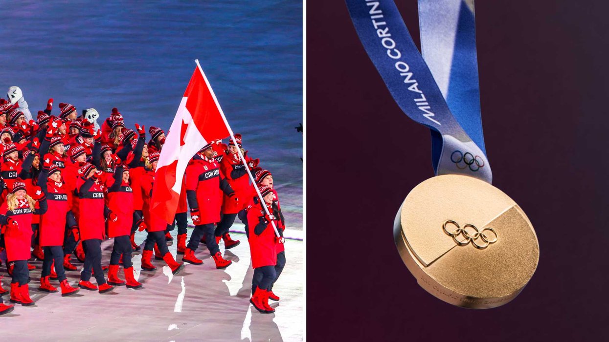 Des athlètes canadiens aux Jeux olympiques. Droite : une médaille d'or pour les Jeux olympiques d'hiver 2026.