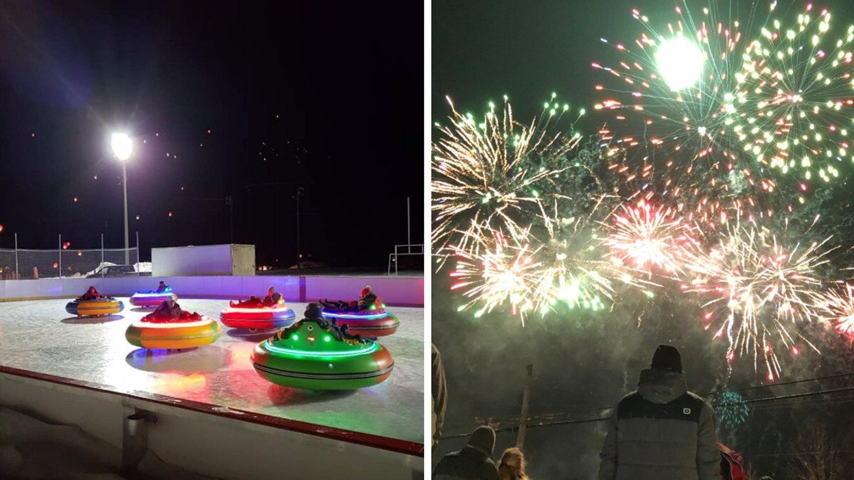 Des auto-tamponneuse sur glace. Droite : Des feux d'artifice pendant un événement hivernal extérieur.