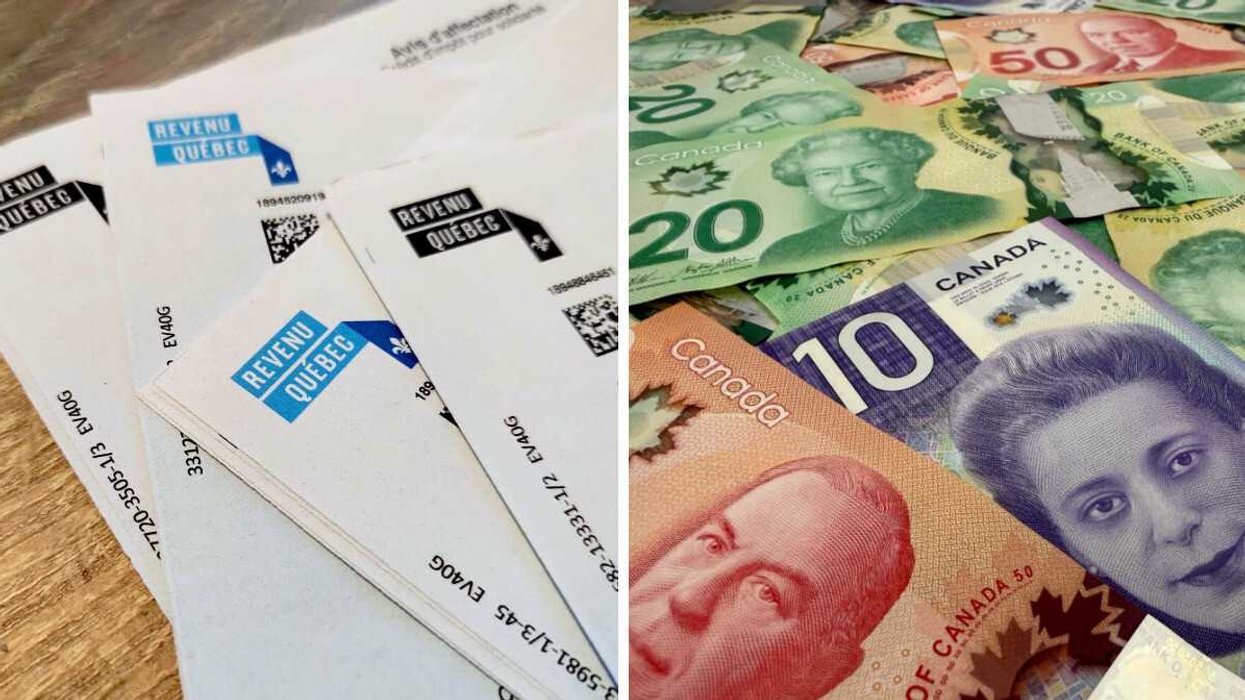 Des avis de Revenu Québec. Droite : De l'argent canadien.