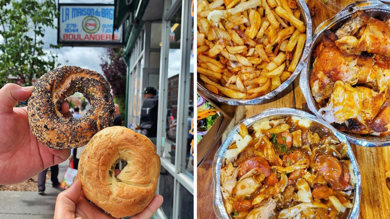 Des bagels du St-Viateur. Droite : Des poutines de Ma poule mouillée.