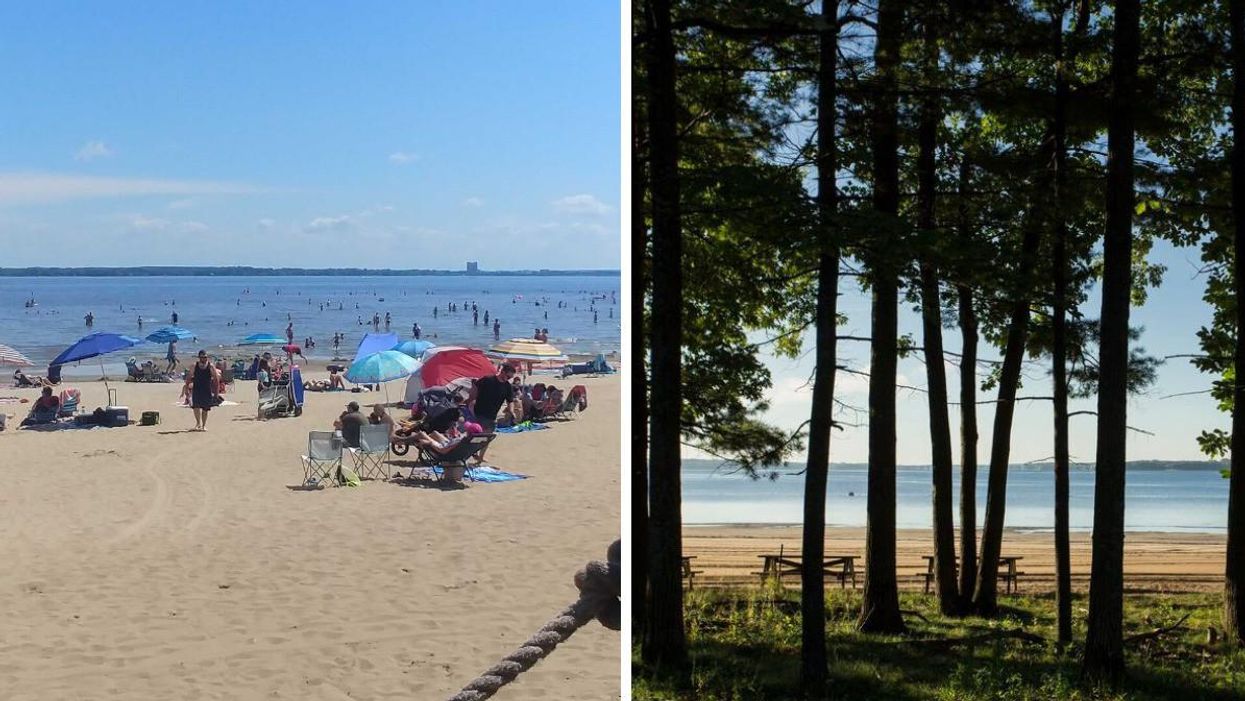 Des baigneurs à la plage d'Oka. Droite : Vue de la plage d'Oka.