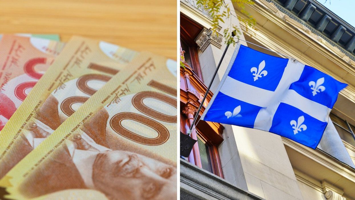 Des billets de 100 $ et 50 $ canadien placés en éventail sur une surface plane. Droite : un drapeau du Québec accroché sur un édifice coloré.