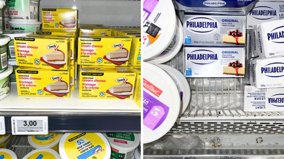 des boites jaunes de fromage \u00e0 la cr\u00e8me \u00e0 3 $ au Maxi. Doite: Un frigidaire avec des produits laitiers.