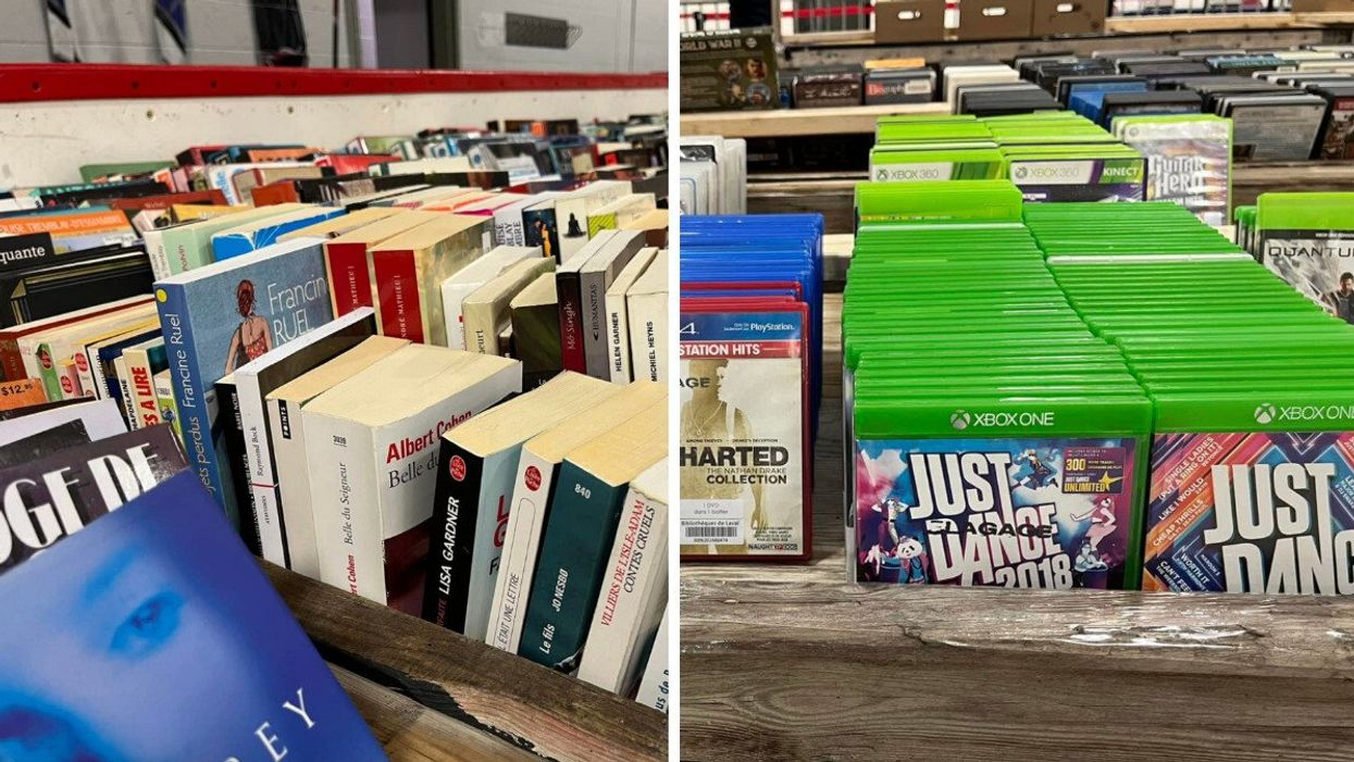 Des boîtes remplies de livres. Droite : des jeux pour la Xbox One.