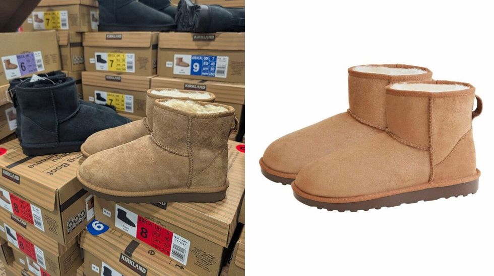 Des bottes en shearling camel et noires vendues dans le rayon des v\u00eatements chez Costco. Droite : une paire de bottes en shearling camel sur fond blanc.