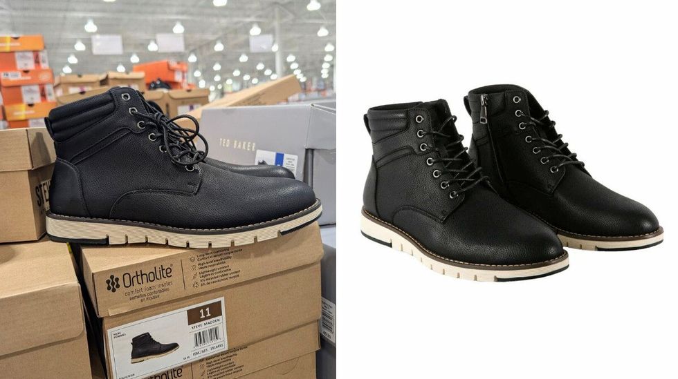 Des bottes noires pour hommes vendues dans le rayon des v\u00eatements chez Costco. Droite : une paire de bottes noires sur fond blanc.