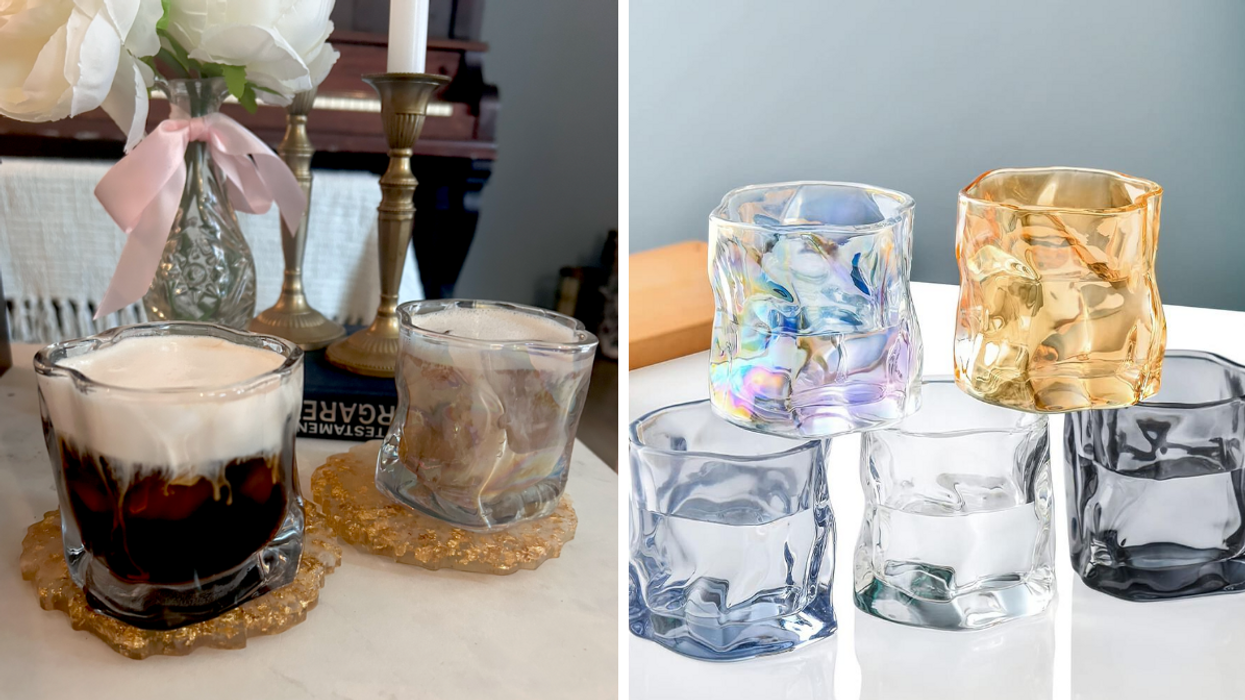 Des cafés dans des verres trouvés au Dollarama. Droite : Des verres asymétriques vendus sur Amazon Canada.