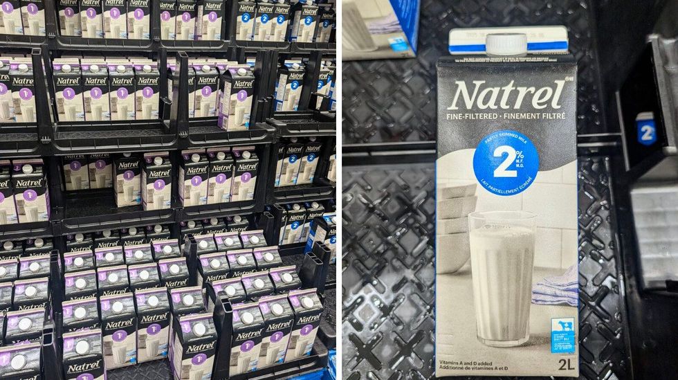 Des caisses de lait Natrel 1 % et 2 % dans la section des produits laitiers chez Costco. Droite : une pinte de lait 2 % de marque Natrel.